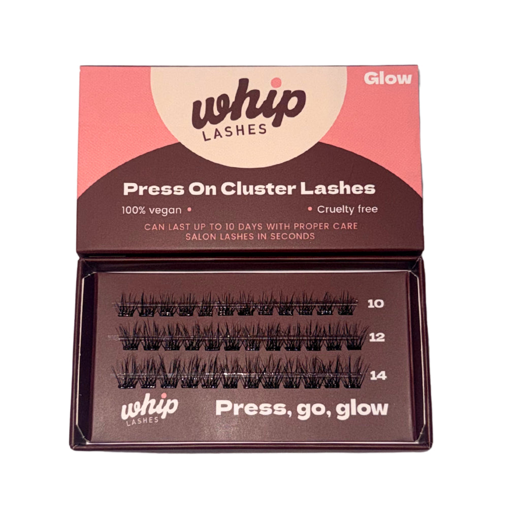 Close-up of GLAM dramatic pre-glued lash clusters by Whip Lashes